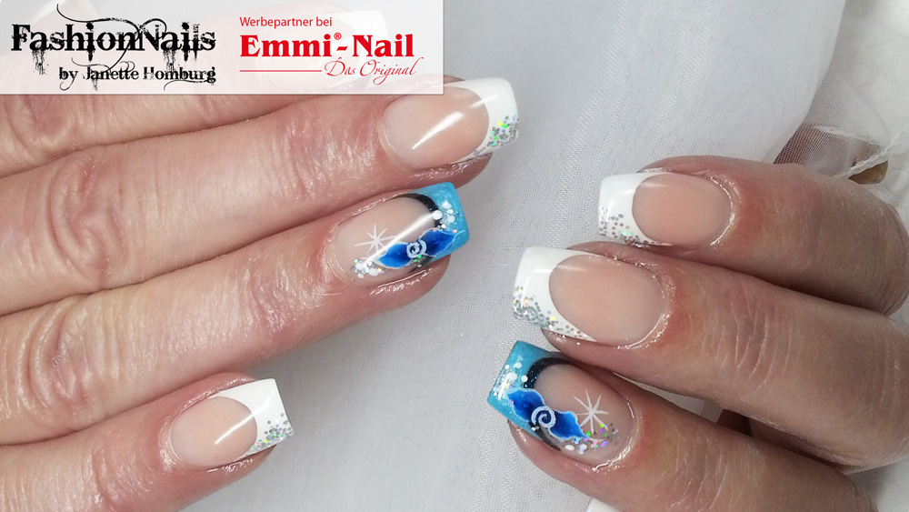 Snow Flower Blue White French Emmi Nail